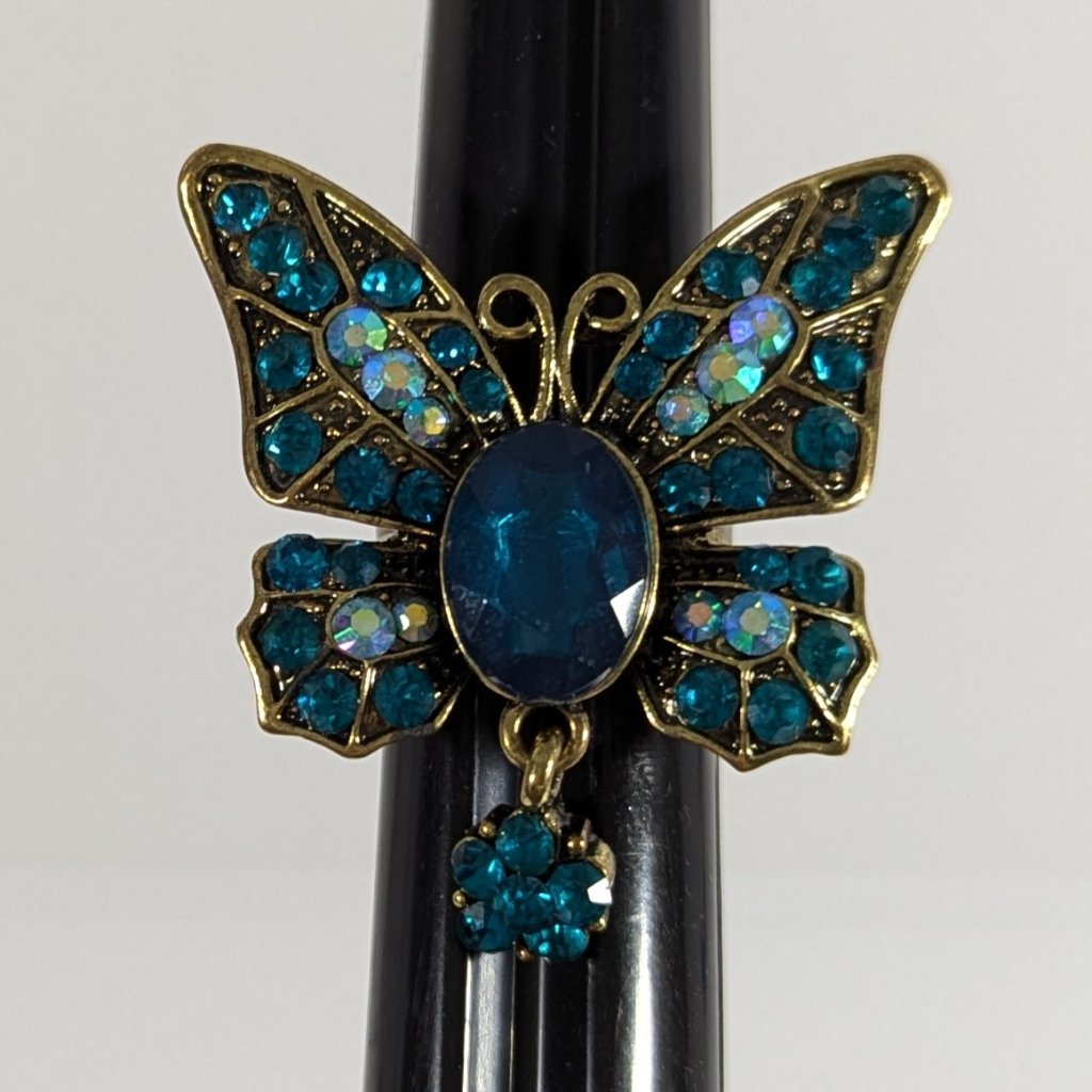 Avalaya Teal Blue Butterfly With Dangling Tail Ring Adjustable Bronze Metal
